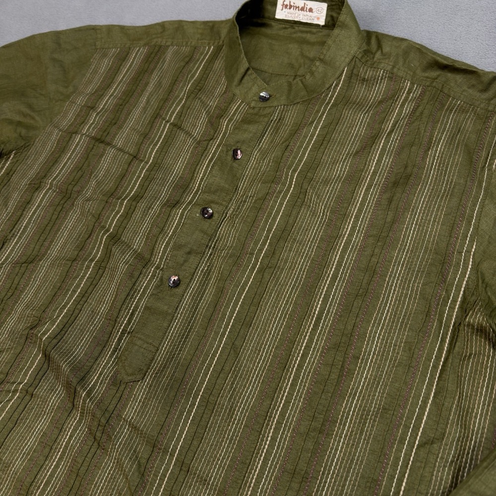 fabindia Olive Green Striped Cotton Kurta